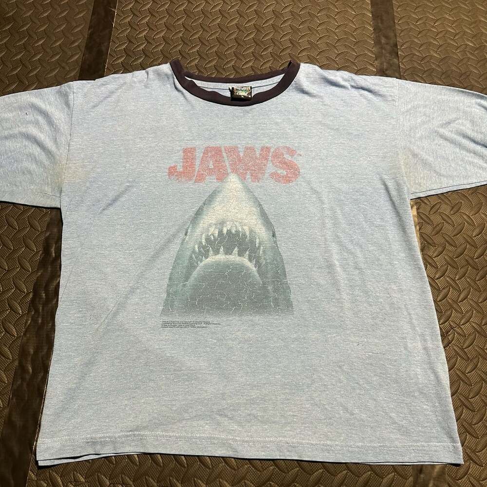 Thunder Creek Vintage Jaws Movie Blue Shark Graphic Ringer Tee